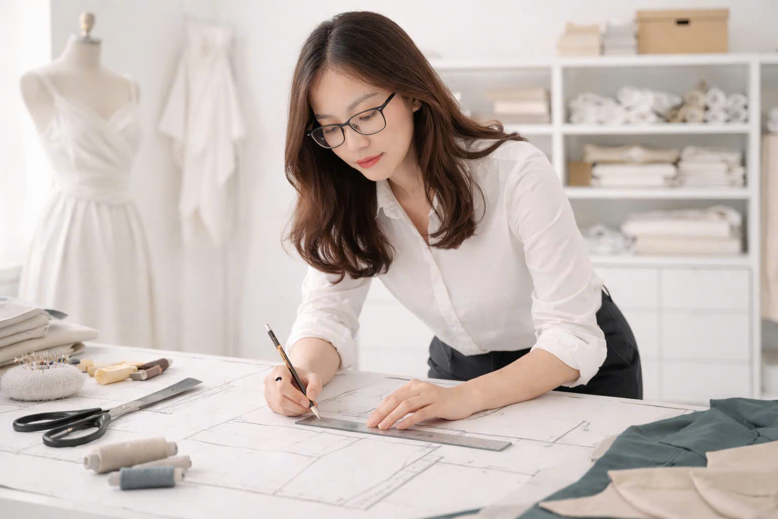 Ảnh giảng viên Thanh đang hướng dẫn học viên tại lớp học cắt may