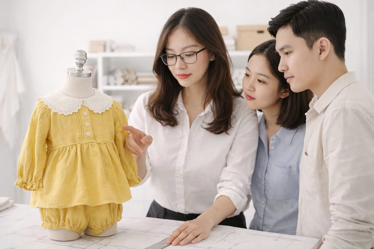 Hình mẹ đang ngồi bên máy may, tỉ mỉ may chiếc đầm xinh cho bé gái